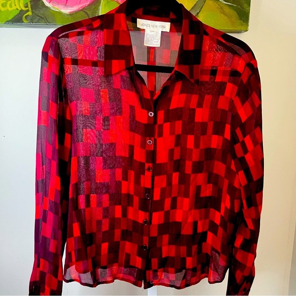 Jones Of New York Red Plaid Checkered Silk Blouse Size 14 - Picture 2 of 12